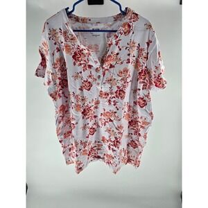 Blair Womens 2XL Floral Henley Short Sleeve Top White Orange Red Plus Size